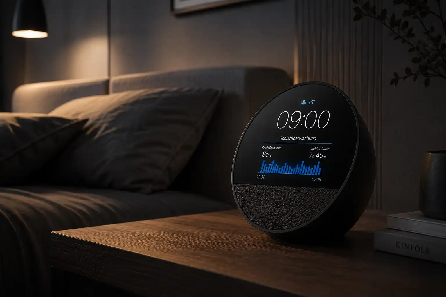 Smart Wecker mit Sonnenaufgangssimulation auf einem Nachttisch