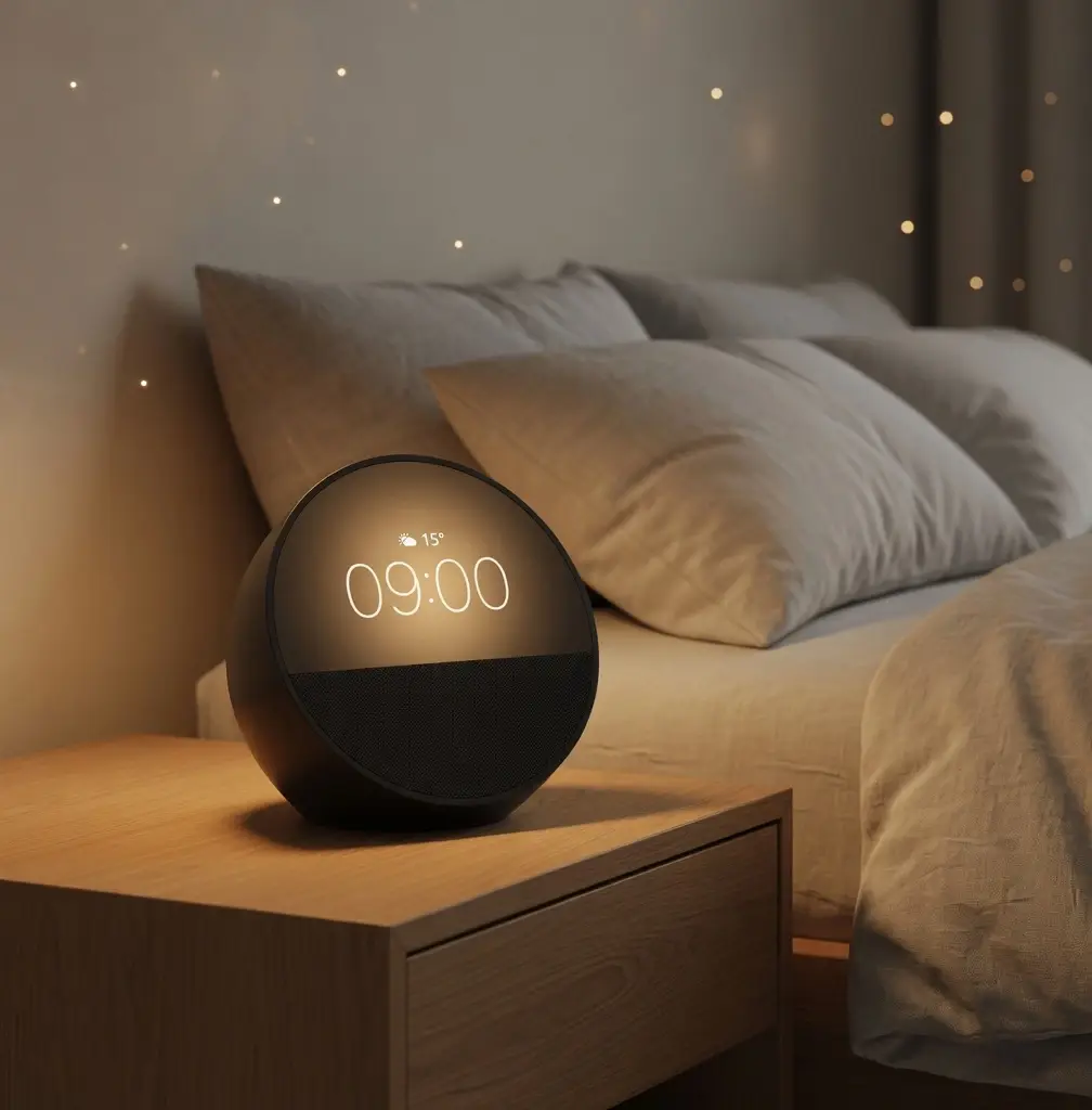 Smart Wecker auf dem Nachttisch im Schlafzimmer